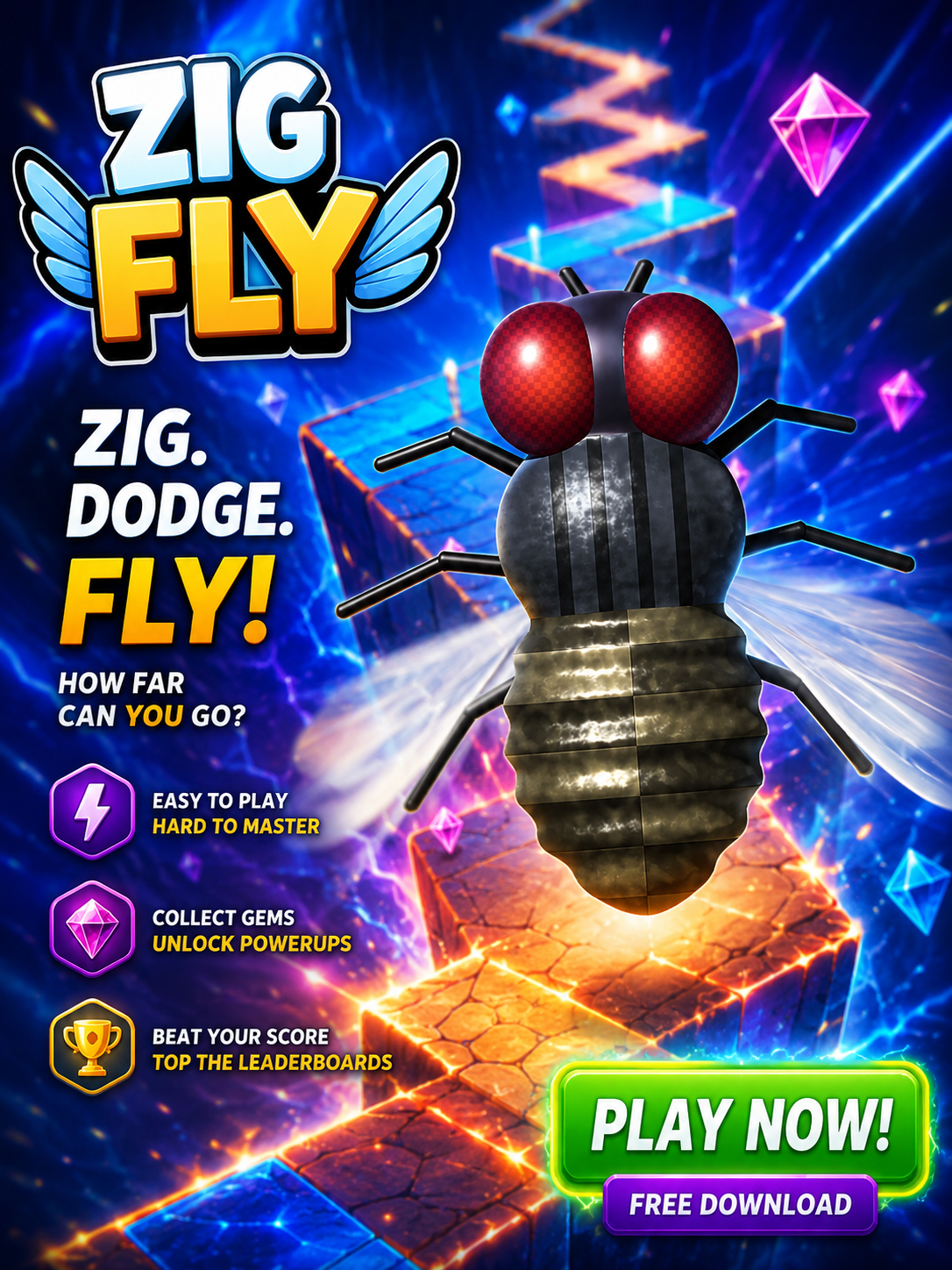 Zig Fly advertisement showing the fly character weaving through a neon obstacle course